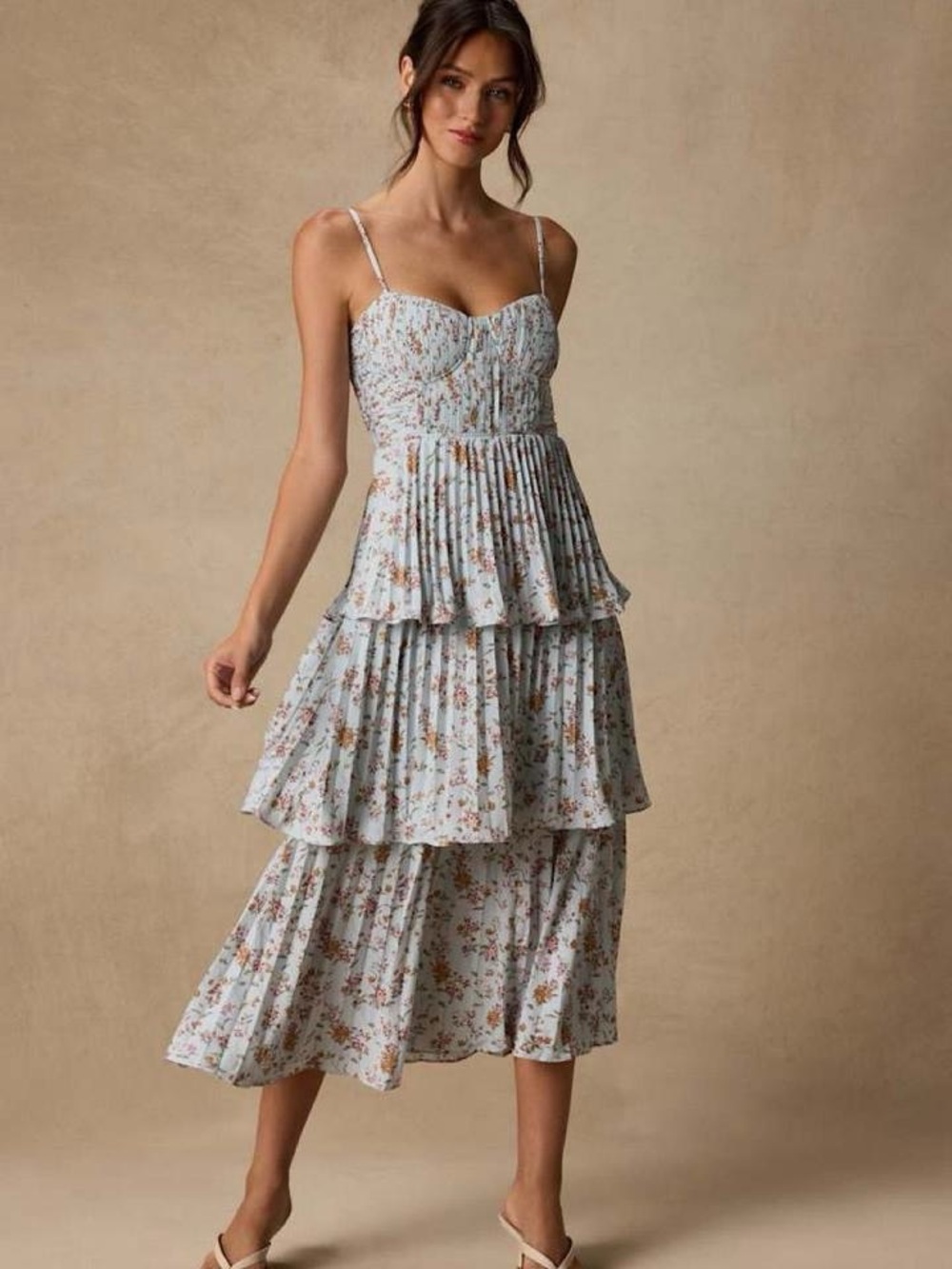 Lulu's Lulus Cascading Crush Pale Blue Floral Print Tiered Bustier Midi Dress